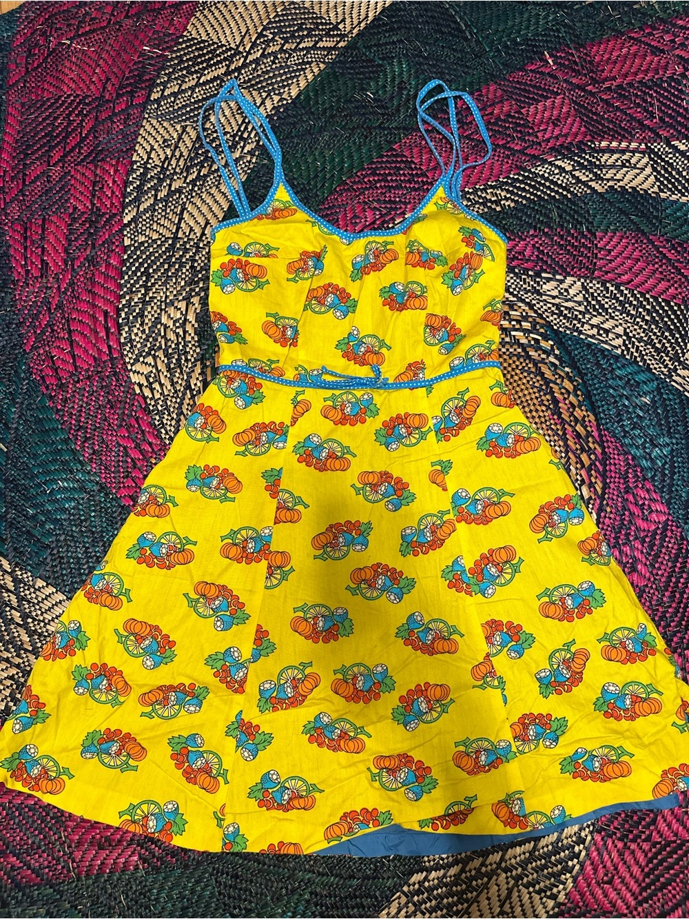 Vintage Bright Yellow Floral Fruit Print Sundress with Blue Trim Size Small S/M